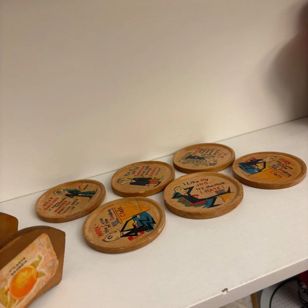 Vintage Mid Century Wooden Coaster Set with Caddy Atlanta Georgia Humorous Art